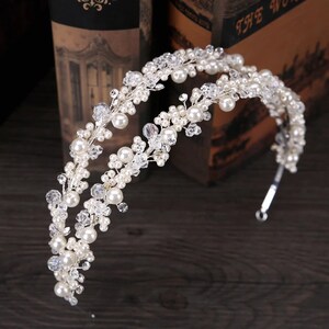 Fascia da sposa in cristallo perla, fascia da sposa Swarovski, corona di strass, accessorio per capelli in cristallo, regalo copricapo da sposa con perline d'argento