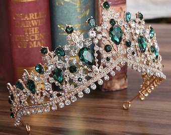 Tiara verde nupcial, verde oro Nueva corona de pedrería Corona de cristal Diadema boda Novia Princesa Reina Cabello Tiara, Boda Plata Oro Tiara Corona