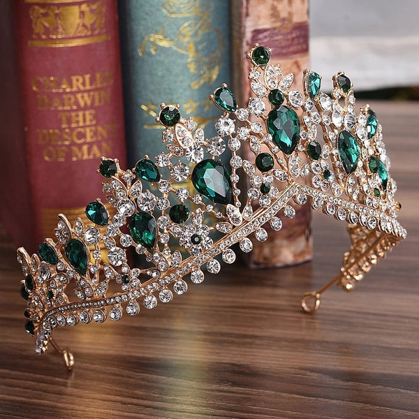 Bridal Green Tiara, Gold Green New Rhinestone Crystal Crown Headband Wedding Bride Princess Queen Hair Tiara,Wedding Silver Gold Tiara Crown