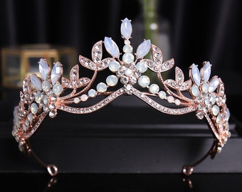 Rose Gold Opal Crystal Bridal Tiara, Opal Wedding Headpiece, Crystal Opal Bridal Crown, Wedding Silver Tiara, Bridal Headpiece, Bridal Gift