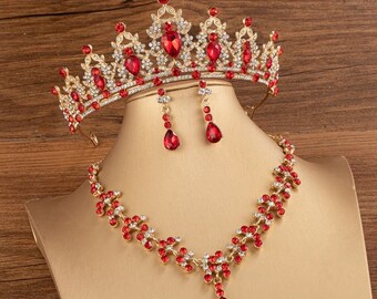 Crystal Red Wedding Tiara, Wedding Red Jewelry Set, Red Tiara Crown, Red Bride Tiara Set, Crystal Tiara Necklace Set, Pearl Broidal Set,Gift