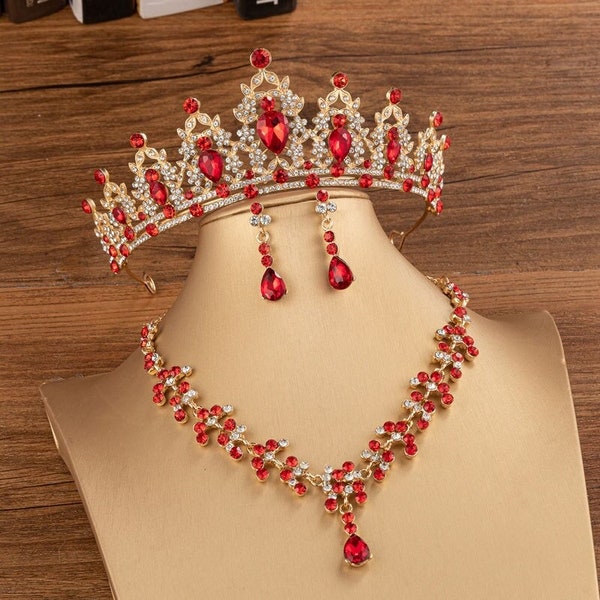 Tiare de mariage rouge cristal, ensemble de bijoux rouge de mariage, couronne de diadème rouge, ensemble de diadème de mariée rouge, ensemble de collier de diadème en cristal, ensemble de broïdation de perles, cadeau