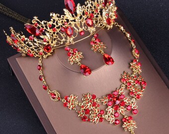 Red Rhinestone Crown, Birthday Tiara, Princess Crown, Prom Crown, Peagent Crown, Red Gold Crown, Bride Necklace Crown, Party Contest Crown