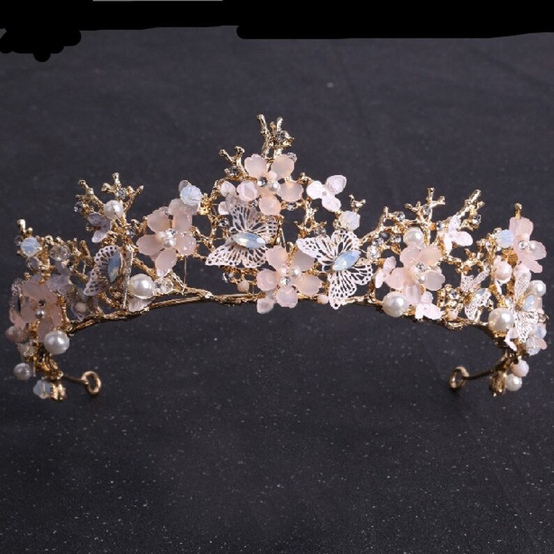 Schmetterling Rose Gold Tiara Barock Luxus Kristall Perlen Haarkrone,Braut Hochzeit rosa Halskette Ohrring Tiara,Strass Pageant Diadem Krone Bild 3