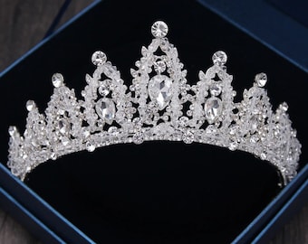 Baroque Silver Crystal Bridal Tiara, Crystal Crown, Quinceanera Wedding Headpiece Crown, Prom Jewelry,Teardrop Birthday Party Gift Her Crown