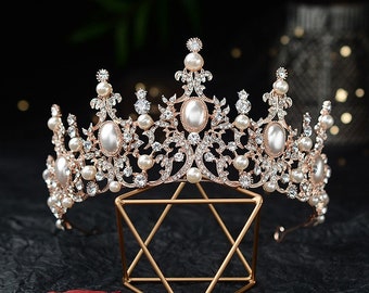 Baroque Cristal Perle Or Nuptiale Tiaras Couronne Strass Pagestone Bandeau Mariée Mariage Accessoires de cheveux Tiare, Couronne de fête de mariage en argent