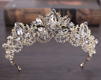 Tiara in Gold, tiara crown wedding, Simple tiara headband crystal gold Bridal tiara crown Silver tiara Wedding Headband Bridal Boho tiara