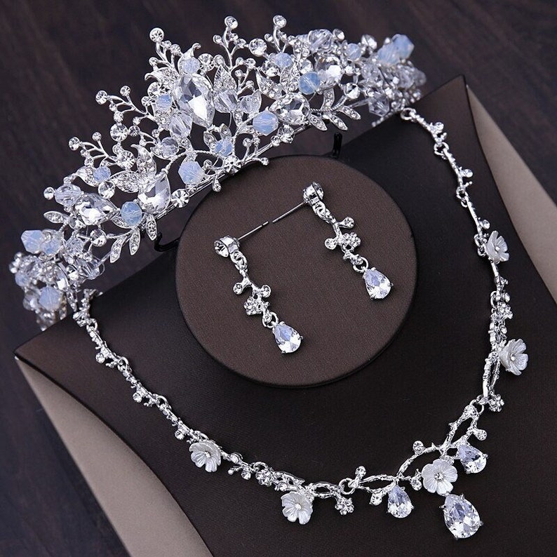 Bridal Tiara Set Silver Crown Set Silver Crystal Tiara Set Earrings Necklace Wedding Set Crystal Jewelry Headwear Cz Tiara Gift Her Full Set