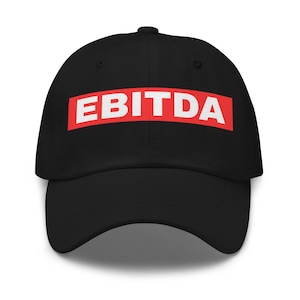 May include: Black baseball cap with the word "EBITDA" in white letters on a red rectangle across the front. The cap has a curved brim and a button on top.