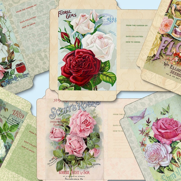 6 Vintage garden rose seed packets, botanical ephemera, printable seed packets, antique seed envelopes, seed organizer, DIY