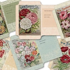 6 printable vintage flower seed packets, botanical, garden seeds, printable, flower seed packets, seed envelopes, seed organizer, spring
