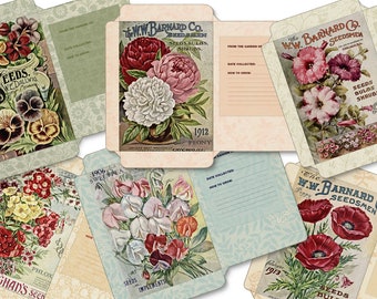 6 printable vintage flower seed packets, botanical, garden seeds, printable, flower seed packets, seed envelopes, seed organizer, spring