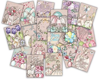 Printable Vintage Easter Journal Cards, Easter Decoration, Easter Gift Tags, Easter Collage sheets, Scrapbook, Junk Journal, Cute Dashboards