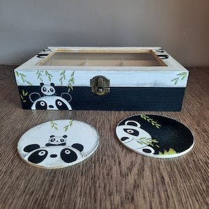 Hand-Painted Decorated Wooden Tea Organizer with Adorable Cute Panda Motifs Tea Organizer For Panda Lovers Tea Box and Coasters Animal Lover