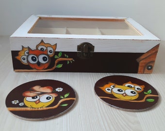 Custom Hand Painted Wooden Tea Box, Tea Caddy , Tea Storage With Owl's Design , Tea / Jewelry / Crystals Organizer , Gift For Tea Lovers