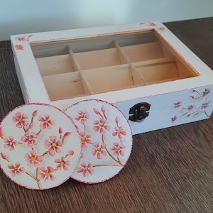 Scatola da tè in legno con fiori di ciliegio e 2 sottobicchieri/9 scomparti rimovibili/scatola da tè in legno multifunzionale dipinta a mano con coperchio trasparente