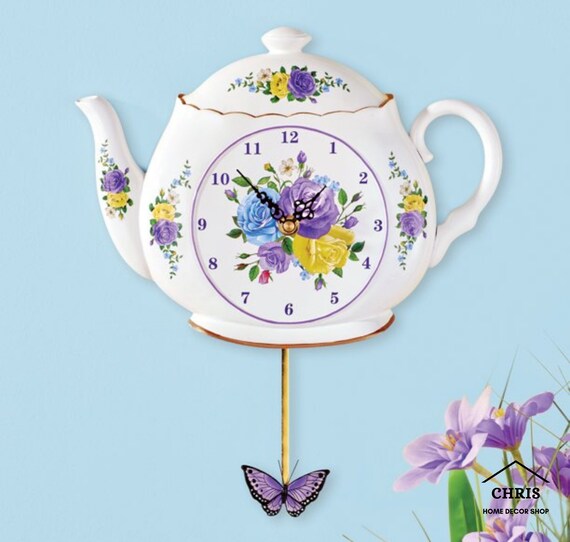 Charming Purple Floral Printed Teapot Pendulum Wall Clock Etsy