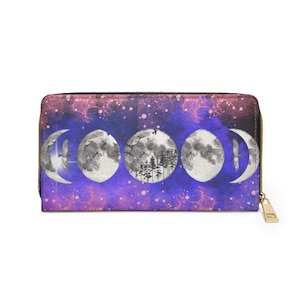 Wicked Silver Moon Phase Wallet – Gothic Zip-Up Clutch with Lunar Detail, Witchy Celestial Gift