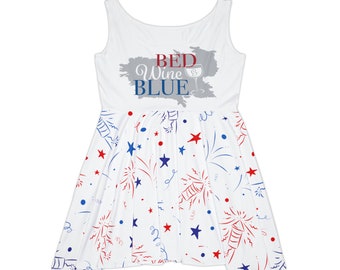 Bed, Wine, & Blue 4th Of July - Robe d'été ajustée et évasée avec feux d'artifice pour femme