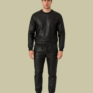 Men’s Black Leather Tracksuit Set – Genuine Lambskin Shirt and Jogger Pants – Casual Street-wear Outfit