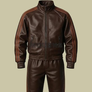 Men&#39;s Leather Track Suit, Jacket Jogger Trousers In genuine Lambskin Leather Stripe Design Genuine Lambskin Track- Suit Unisex Adult