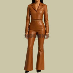 Women's Brown Leather Two-Piece Set – Genuine Lambskin Cropped Jacket Flared Pants–Stylish High Waist Leather Outfit for Events Parties