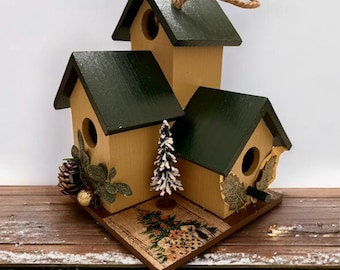 Driezijdig vogelhuisje met kerstthema | Kerstdecoratie | Binnendecoratie | Feestdecoratie | Handgemaakt vogelhuisje | Vogelhuisje voor decoupage