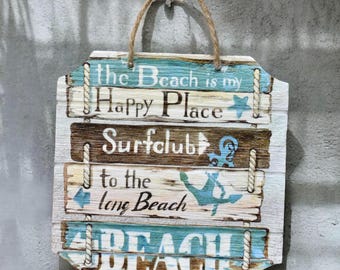 Houten strandbord | Hangend houten bord | Stranddecoratie | Binnendecoratie | Buitendecoratie | Decor voor strandliefhebbers | Bord voor knipsel | Handgemaakt bord