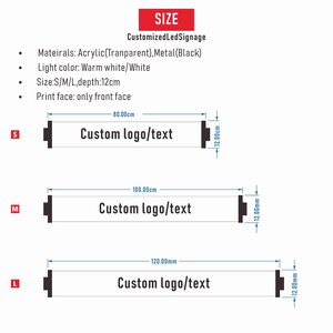 May include: Diagram of custom LED signage in three sizes: S, M, and L. The signs are rectangular with black end caps and the text "Custom logo/text" in the center. Dimensions are provided in centimeters and millimeters.