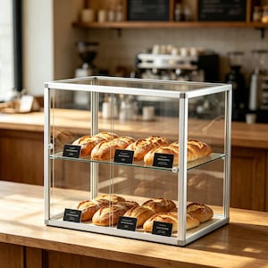 Op de afbeelding: Een glazen vitrine met meerdere broden. De vitrine heeft twee glazen planken en een zilveren frame. Elk brood heeft een goudbruine korst. Kleine zwarte labels zijn voor elk brood geplaatst.