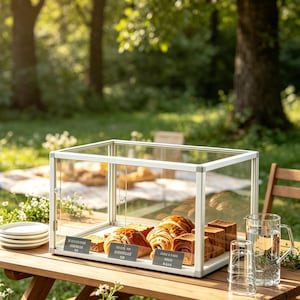Op de afbeelding: Een glazen vitrine met een wit frame, gevuld met diverse gebakjes, staat op een houten tafel. De vitrine is open en onthult croissants en andere bakkerijproducten. Een waterkan en glazen staan in de buurt, wat wijst op een picknick in de buitenlucht.