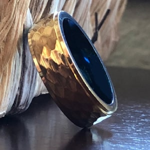 8mm Hammered, Gold Platted Tungsten Wedding band with Blue Ion inner Ring for contrast, Promise ring, Engagement Ring