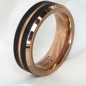 Heavy Metal, 8mm Polished Rose Gold and Matte Brushed Black Tungsten Carbide Wedding Band, Wedding Ring, Engagement, Promise Ring, Mens Ring