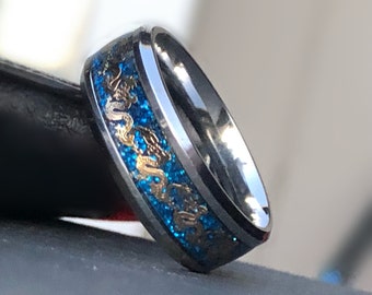 Silver Dragon, 8mm High Polished Silver Tungsten Men's Ring Beveled with Royal Blue Dragon Inlay, Engagement Ring, Other Colors available