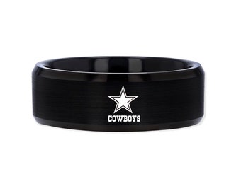 Cowboys Fan, 8mm Black Matte Brushed Titanium Mens or Womans Dallas Cowboys Ring