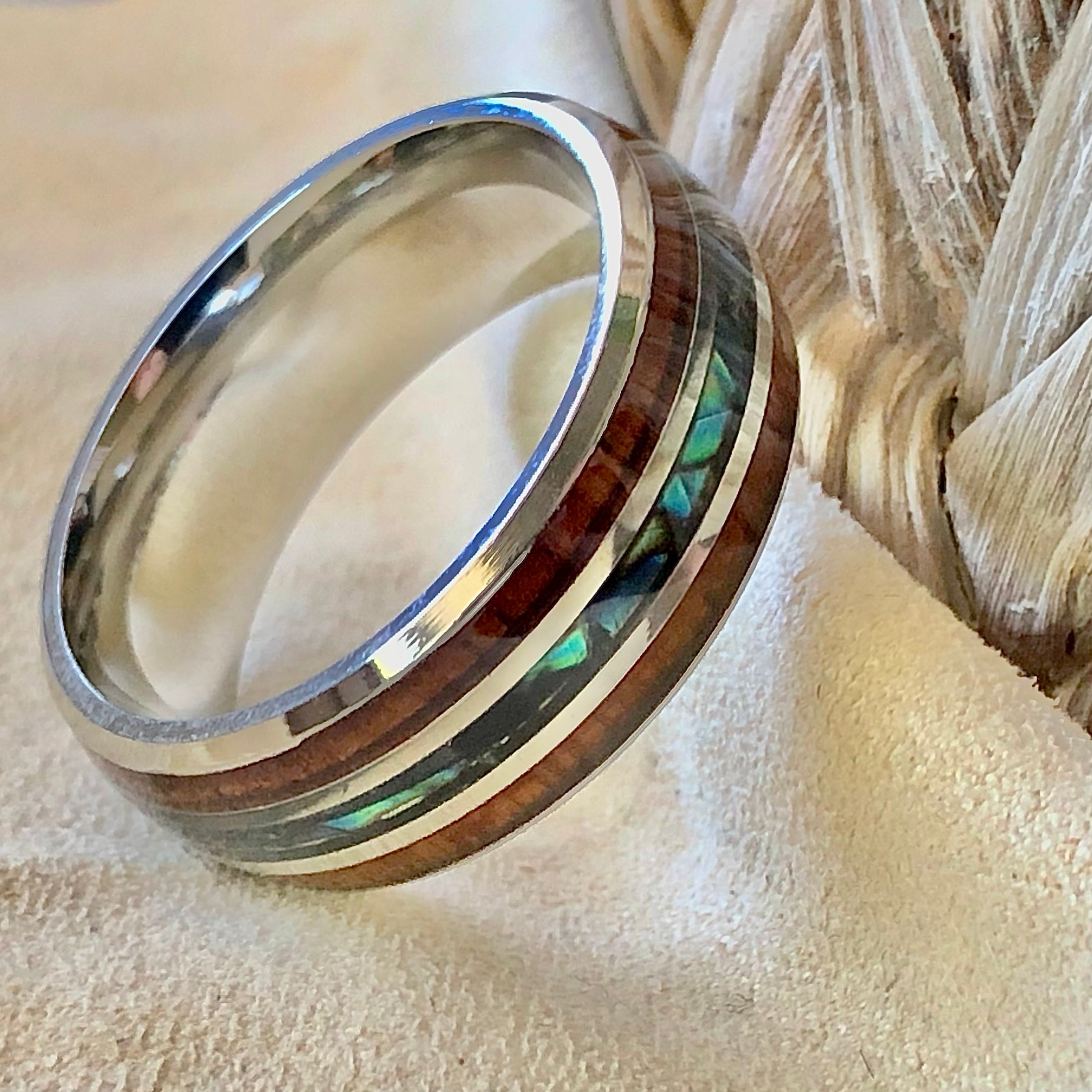 Hawaiian koa wood and abalone shop shell tungsten carbide ring