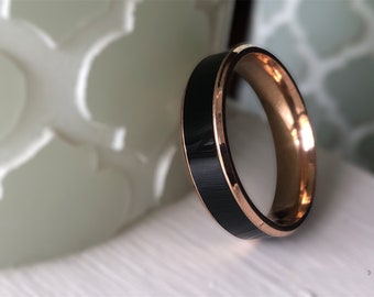 6mm Rose Gold Plated and Black Tungsten & Stainless Steel Wedding Band, Mens Ring, Woman’s Ring, Promise Ring, Engagement Ring.