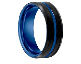 Matte Brushed Charcoal Tungsten Wedding Band with Blue Center Groove and Ion platted blue inner ring, Engagement Ring, Promise Ring