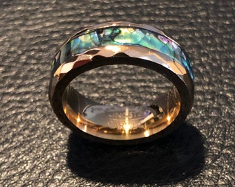 Paradise City, 8mm Hammered, Double Beveled  Rose Gold Brushed HighPolished Tungsten Wedding Band with Abalone inlay ,Unique Engagement Ring