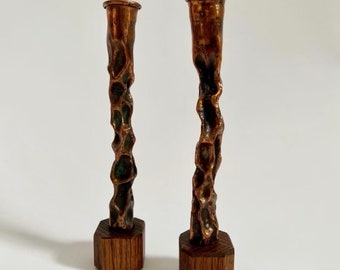 Artist-Made Hammered Copper and Wood Candlestick Holders