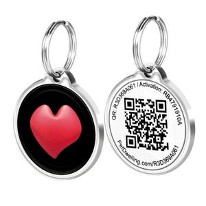 May include: Silver pet ID tag with a black background and a red heart. The back of the tag has a QR code and the text "QR: R3D369A061 | Activation: RB4791910A PetDwelling.com/R3D369A061".