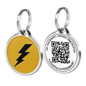 May include: A silver dog tag with a yellow circle and a black lightning bolt on one side and a QR code and the text "QR: R3D369A061 | Activation: RB4791910A PetDwelling.com/R3D369A061" on the other side.