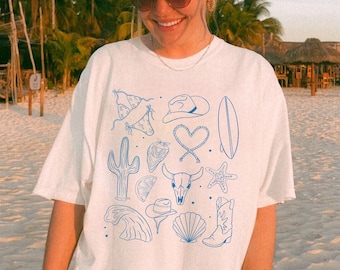 Blue Coastal Comfort Colors Shirt, Seaside Cowgirl Oversized Shirt, Comfort Colors Western Cowgirl Shirt, Oversized Cowgirl Shirt