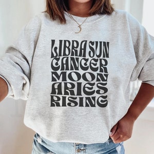 Sweat-shirt personnalisé trois grands signes astrologiques, sweat-shirt personnalisé signe soleil lune montante, chemise thème astrologique, sweat-shirt astrologie personnalisé