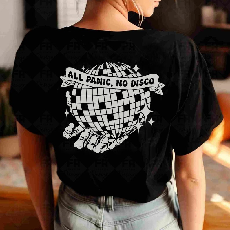 May include: Black t-shirt with a white graphic of a disco ball with a banner that reads "All Panic, No Disco".