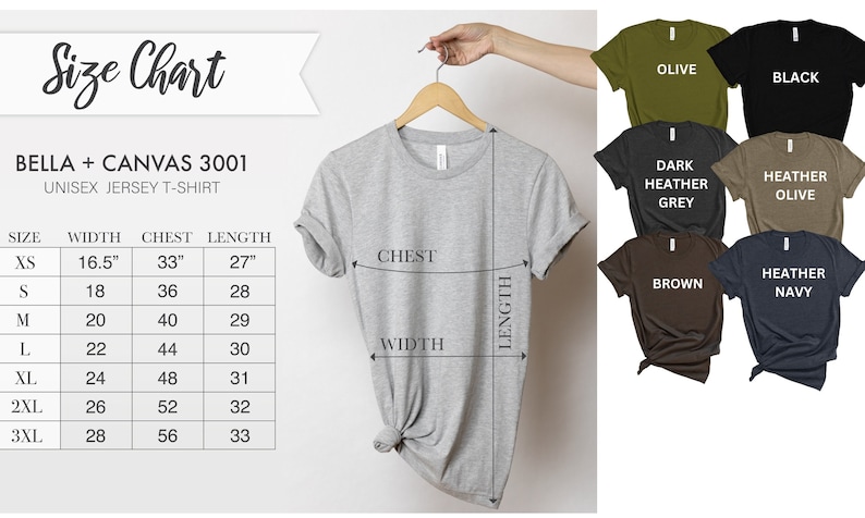 May include: Size chart for Bella + Canvas 3001 unisex jersey t-shirts. The chart shows sizes XS to 3XL with corresponding width, chest, and length measurements in inches. The chart is displayed next to a gray t-shirt on a hanger, with measurements marked on the shirt.