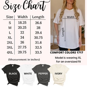 May include: Size chart for a t-shirt with measurements in inches. The chart shows the width and length of the shirt in sizes S through 4XL. The model is wearing a size XL t-shirt in white. The t-shirt is available in four colors: black, white, pepper, and ivory.