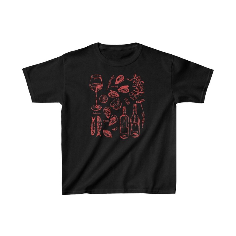 May include: Black t-shirt featuring a red illustration of a glass of wine, two bottles of wine, oysters, mussels, fish, and grapes.
