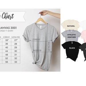 May include: Size chart for Bella + Canvas 3001 unisex jersey t-shirts. The chart shows measurements in inches for width, chest, and length for sizes XS to 3XL. The chart also shows the different colours available: Natural, White, Athletic Heather, Pink, Black, and Dark Heather Grey.