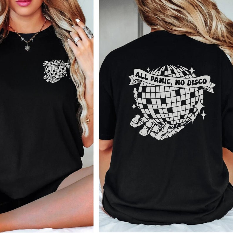 May include: Black t-shirt with a white graphic of a disco ball in a skeletal hand with the text "ALL PANIC, NO DISCO" on the back.